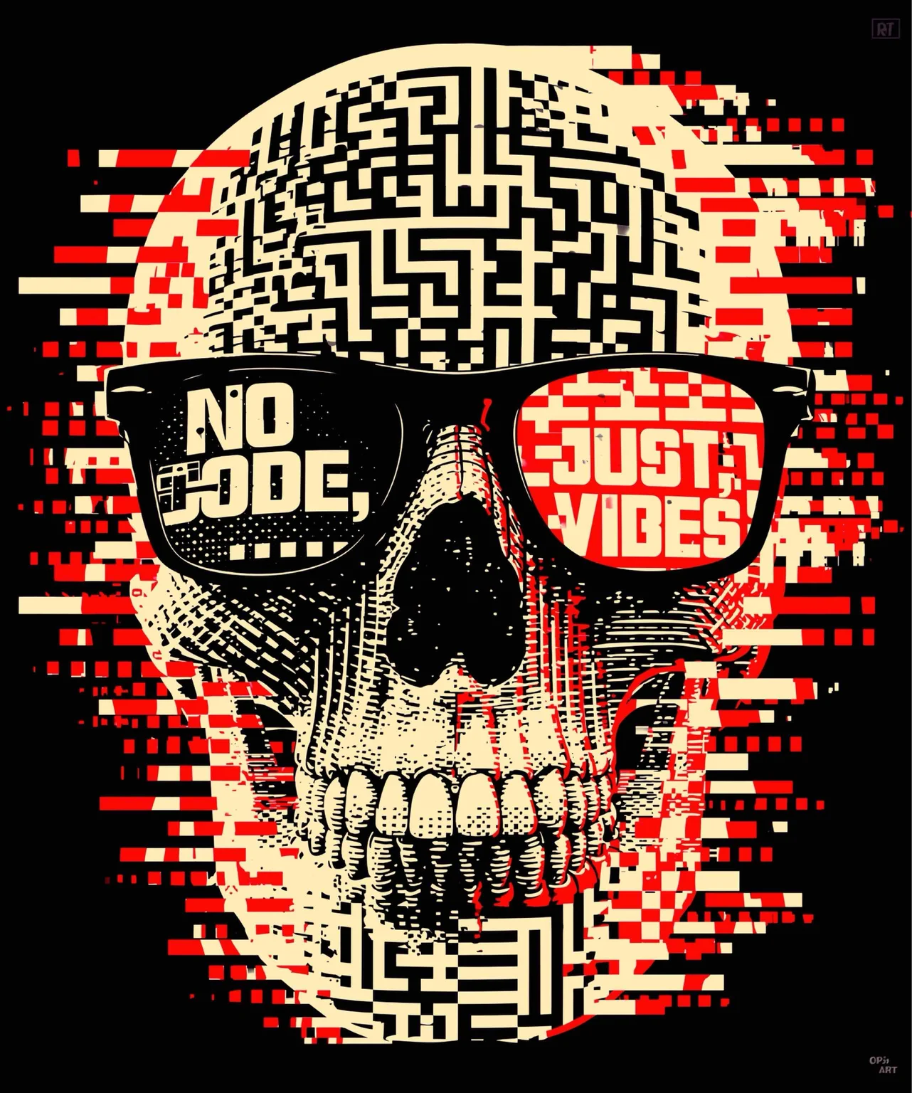 Cyber Sauce glitch-art skull in red, cream, and black, wearing glasses that read No code, just vibes