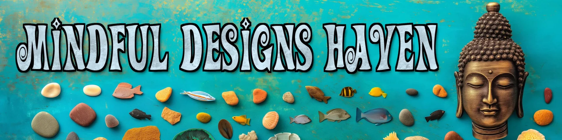 Mindful Designs Haven banner with a Buddha, shells, stones, and turquoise water