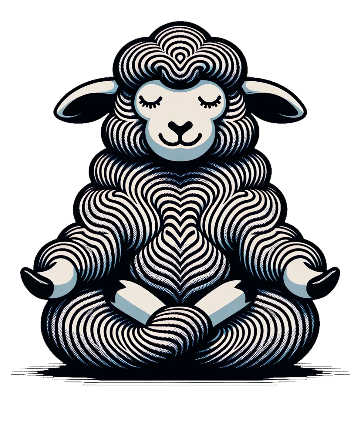 Black and cream op-art sheep meditating in lotus pose