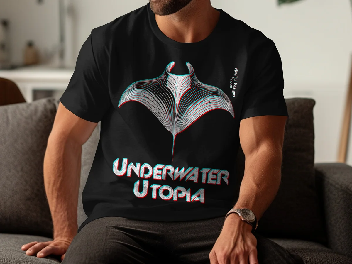 Black T-shirt with an op-art octopus and the words Underwater Utopia