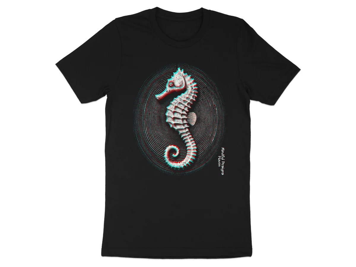 Black T-shirt with a geometric seahorse design